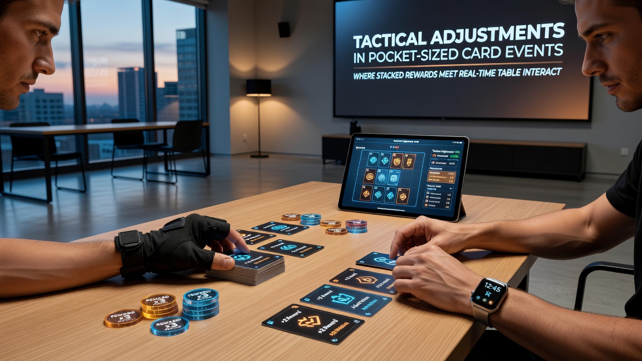 Close-up view of a pocket-sized device displaying active card table with reward progress indicators and live opponent actions