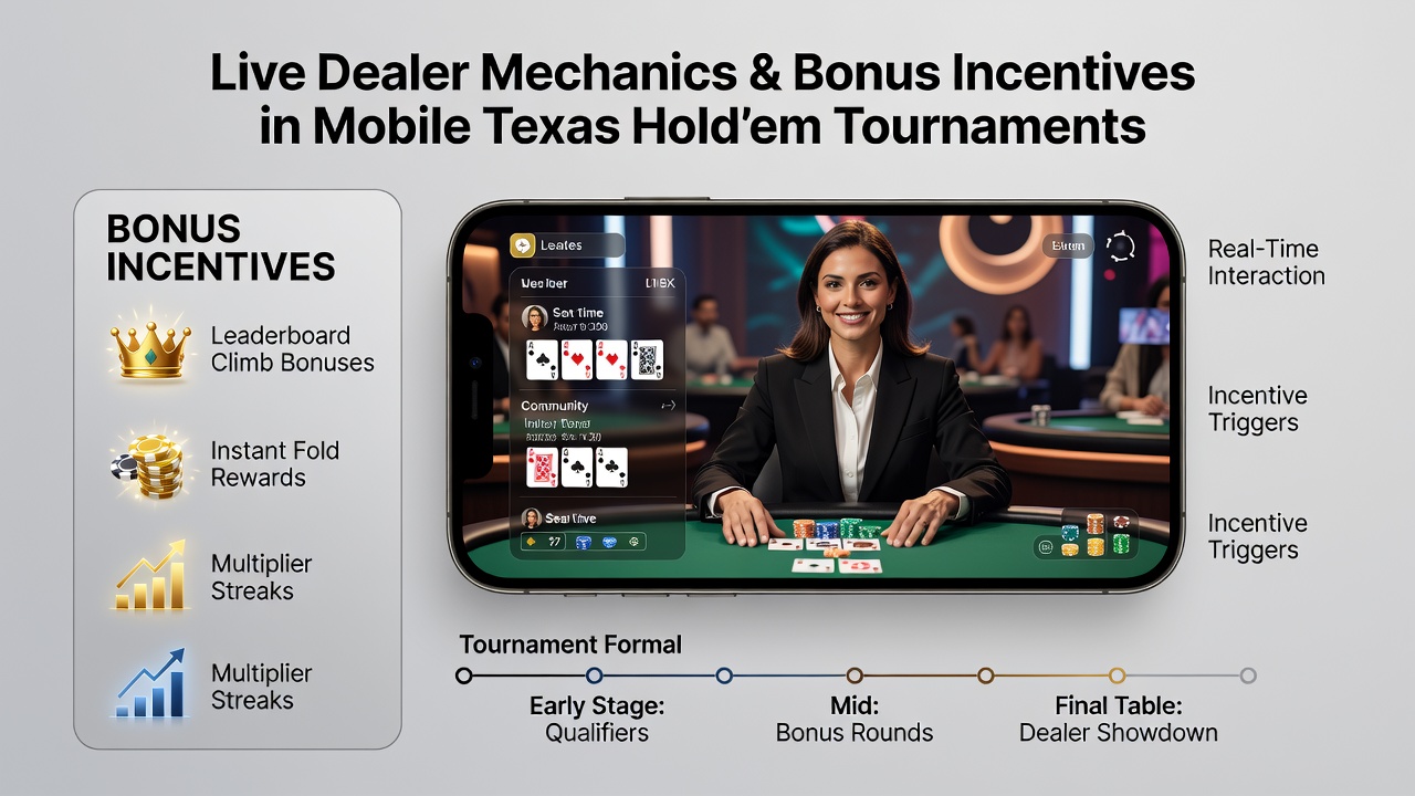 Bonus incentive overlays during a live dealer Texas Hold'em tournament on mobile